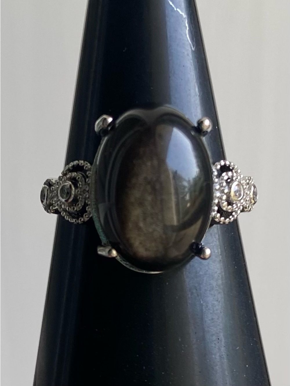 Silver Obsidian Adjustable Ring - Elegant Women's Jewelry